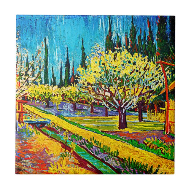 Orchard Bordered by Cypresses Vincent Van Gogh Tile (Front)