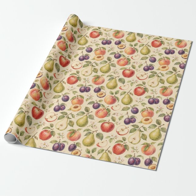 Orchard Fruit Watercolor Pattern Gift Wrapping Paper (Unrolled)