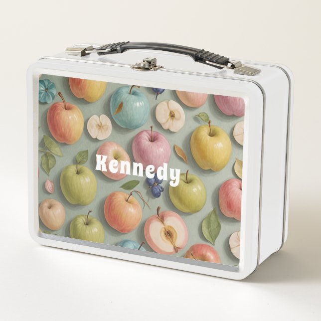 Orchard Whimsy: Pastel Fruit Metal Lunch Box (Front)