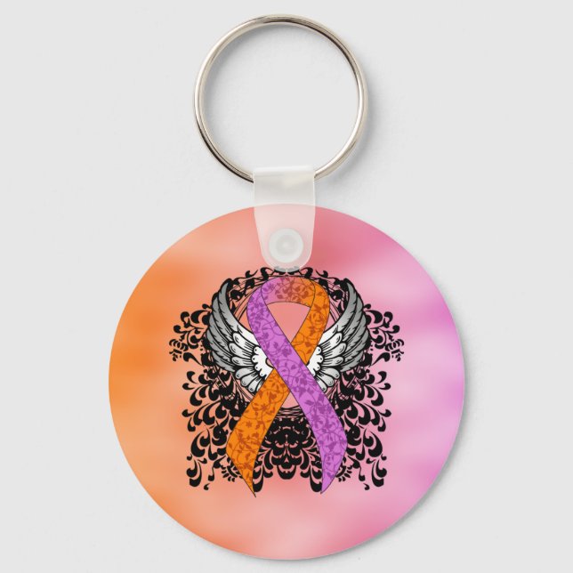 Orchid and Orange Awareness Ribbon with Wings Key Ring (Front)