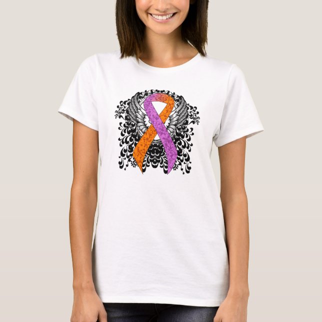 Orchid and Orange Awareness Ribbon with Wings T-Shirt (Front)