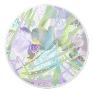 Orchid and palm leaves, tropical ceramic knob