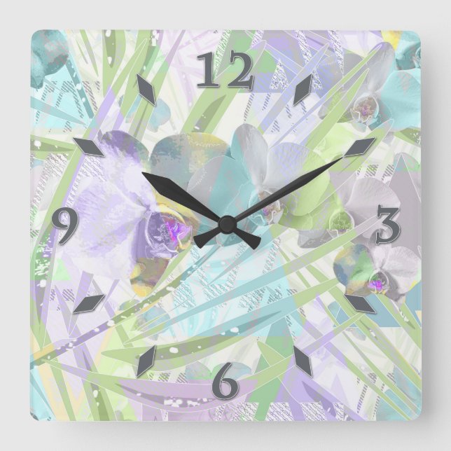 Orchid and palm leaves, tropical square wall clock (Front)