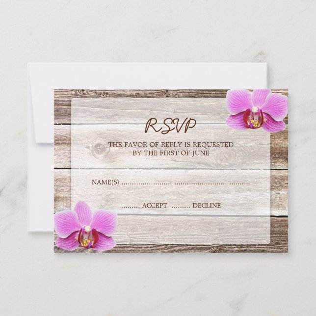 Orchid Barn Wood Wedding RSVP Response Card (Front)