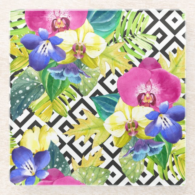 Orchid Begonia And Palm Leaves Glass Coaster (Front)