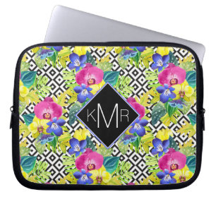 Orchid Begonia And Palm Leaves Monogram Laptop Sleeve