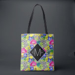 Orchid Begonia And Palm Leaves | Monogram Tote Bag<br><div class="desc">Plants & Flowers | Orchid bouquet with tropical plants on black and white background with geometric pattern.  © and ® Bigstock® - All Rights Reserved.</div>