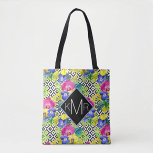 Orchid Begonia And Palm Leaves   Monogram Tote Bag