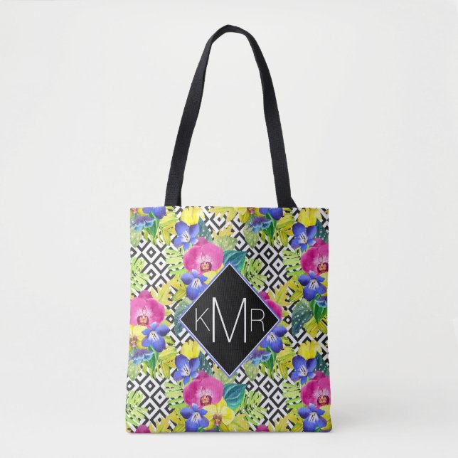 Orchid Begonia And Palm Leaves | Monogram Tote Bag (Front)