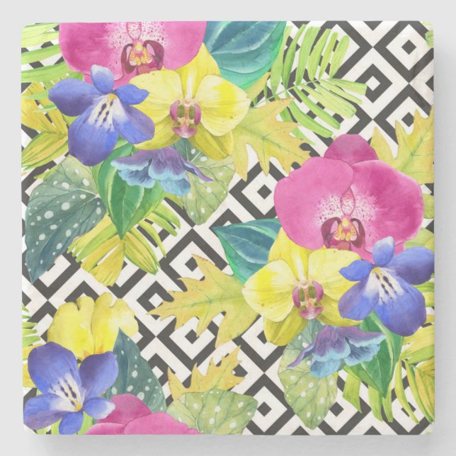 Orchid Begonia And Palm Leaves Stone Coaster (Front)