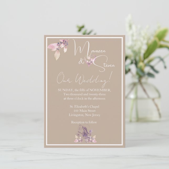 Orchid Beige and White Wedding  Invitation (Standing Front)