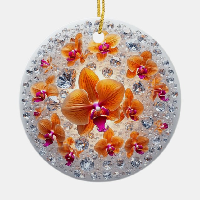 Orchid Blossoms Embedded in Crystals Ceramic Tree Decoration (Front)