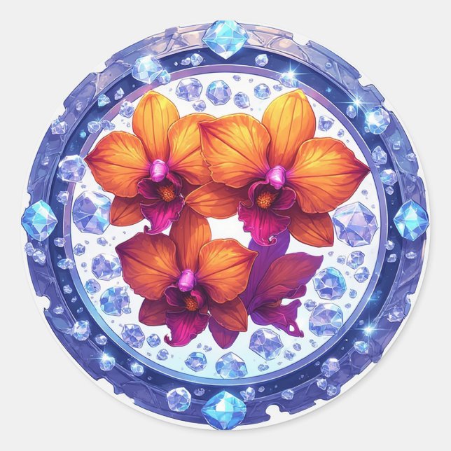 Orchid Blossoms Embedded in Crystals Classic Round Sticker (Front)