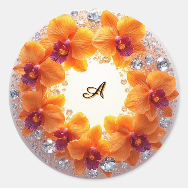 Orchid Blossoms Embedded in Crystals Classic Round Sticker (Front)
