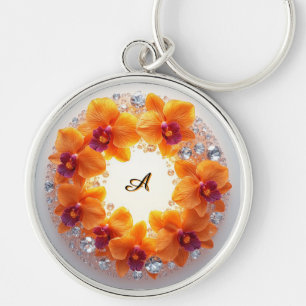Orchid Blossoms Embedded in Crystals Key Ring