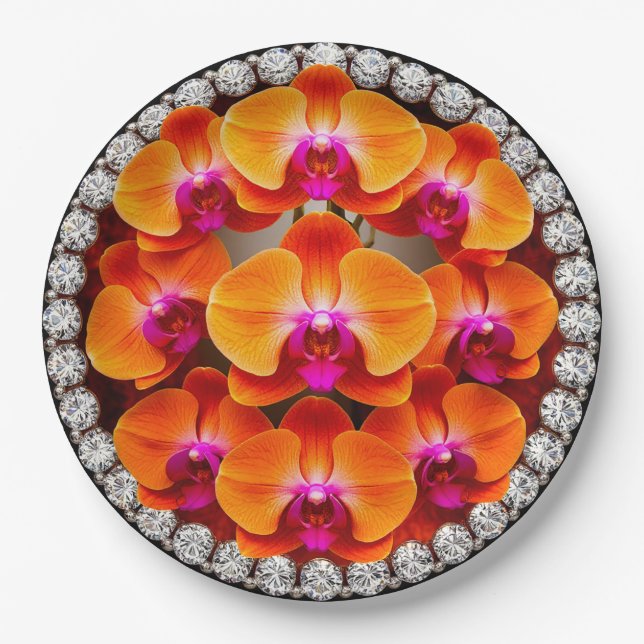 Orchid Blossoms Embedded in Crystals Paper Plate (Front)
