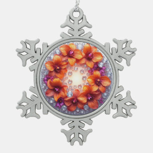 Orchid Blossoms Embedded in Crystals Snowflake Pewter Christmas Ornament