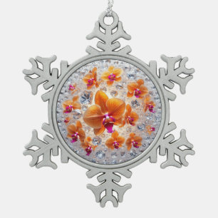 Orchid Blossoms Embedded in Crystals Snowflake Pewter Christmas Ornament