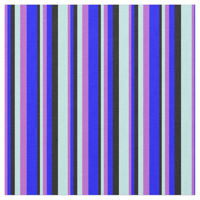 Orchid, Blue, Black, and Turquoise Coloured Lines Fabric (Close Up)