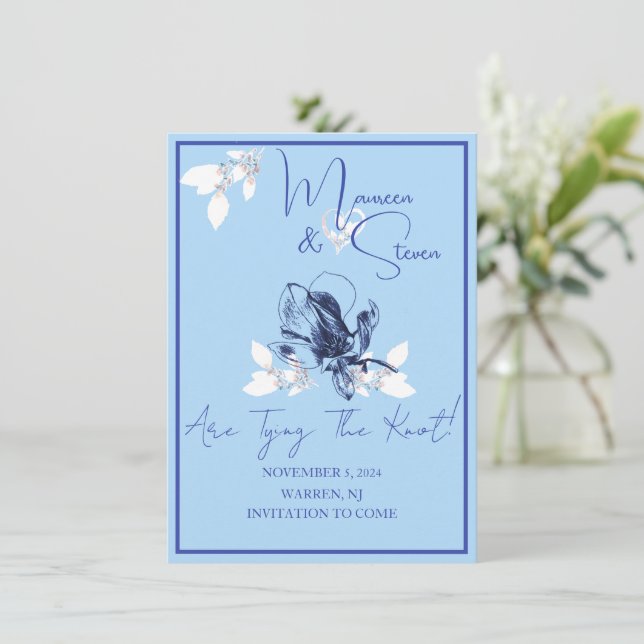 Orchid Blue & White Save The Date Wedding Card (Standing Front)
