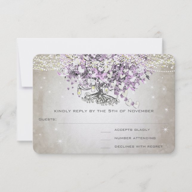 Orchid Blush Lavender Heart Leaf Tree Wedding RSVP (Front)