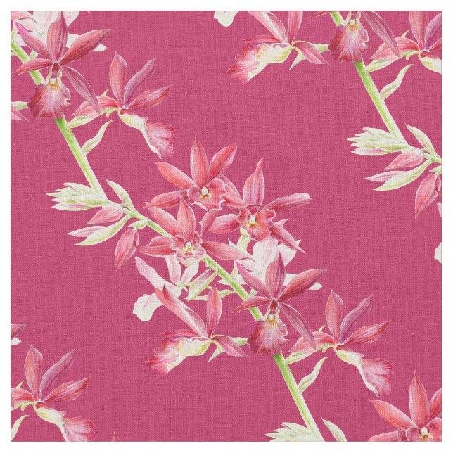 Orchid botanical red art pattern fabric (Close Up)