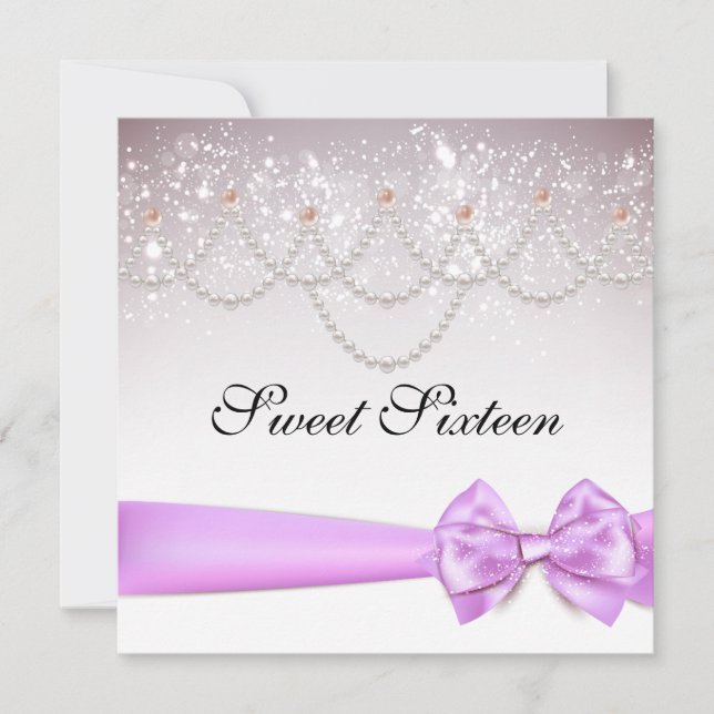 Orchid Bow and Pearls  Sparkles Sweet Sixteen Invitation (Front)