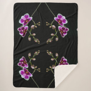 Orchid branch pink white colour on black pale sherpa blanket