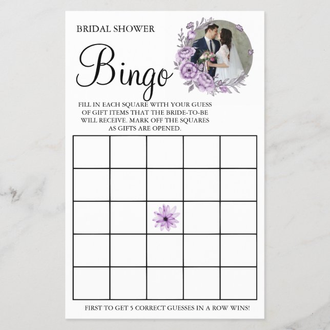 Orchid Bridal Shower Bingo game card (Front)