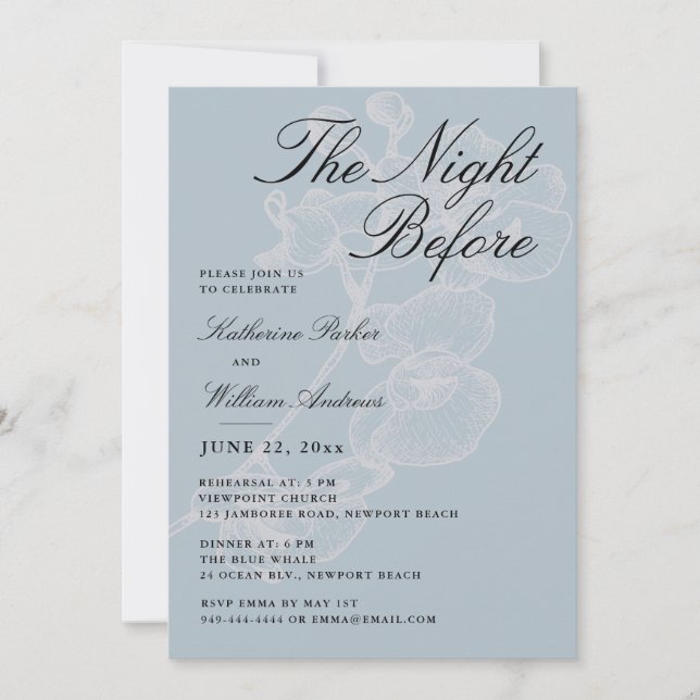 Orchid Dusty Blue Night Before Rehearsal Dinner Invitation (Front)