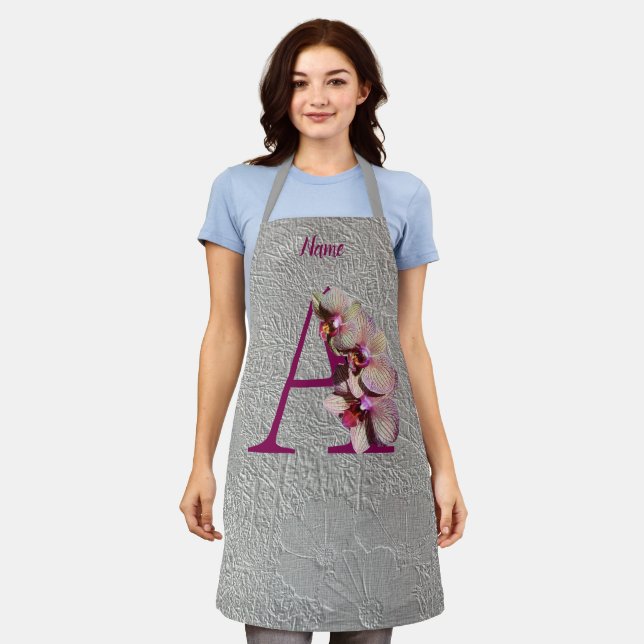 Orchid Elegant Monogram Initial A Personalised Apron (Worn)