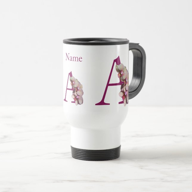 Orchid Elegant Monogram Initial A Personalised Travel Mug (Front Right)