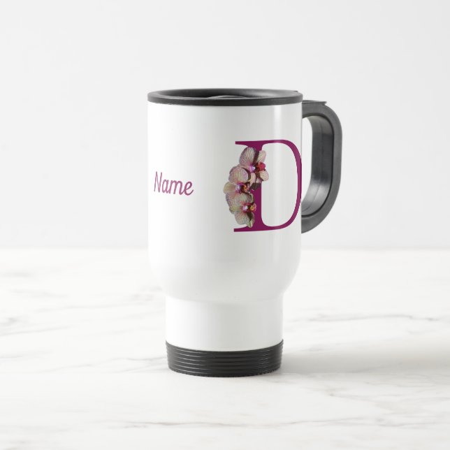 Orchid Elegant Monogram Initial D Personalised Travel Mug (Front Right)