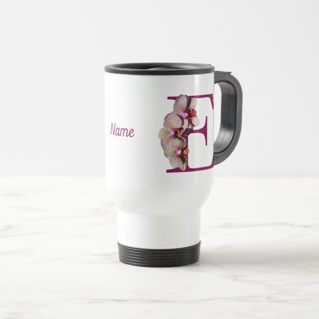 Orchid Elegant Monogram Initial E Name  Travel Mug (Front Right)