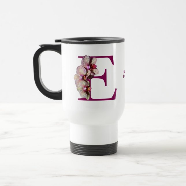 Orchid Elegant Monogram Initial E Personalised Travel Mug (Left)