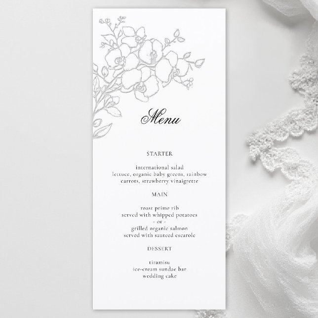 Orchid Elevated White Formal Traditional Wedding Menu (orchid wedding menu formal modern classic traditional black tie parents hosted white)