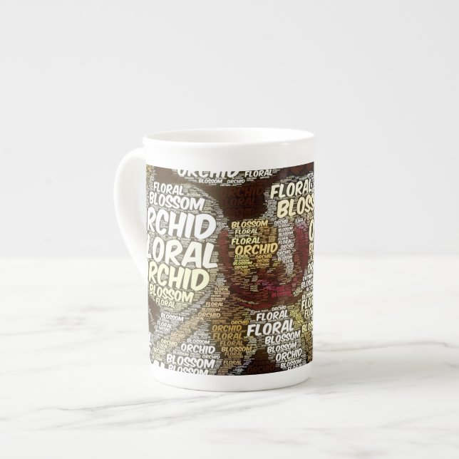 Orchid Floral Blossom Over Burgundy Word Cloud Bone China Mug (Front Left)
