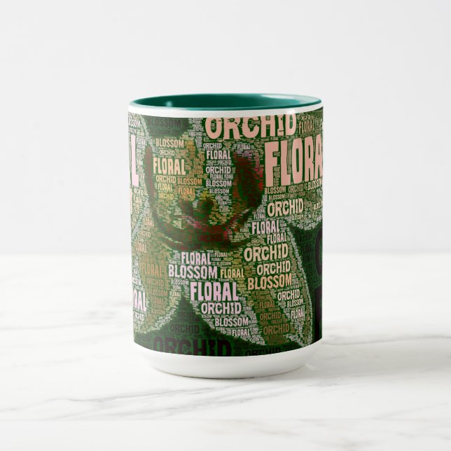 Orchid Floral Blossom Over Green Word Cloud Mug (Center)