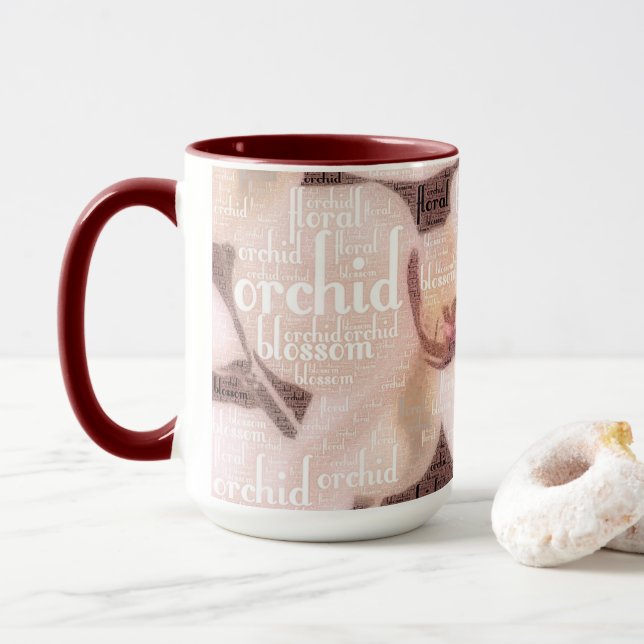 Orchid Floral Blossom Typography Word Cloud  Mug (With Donut)