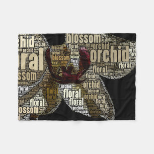 Orchid Floral Blossom Word Cloud Over Black Fleece Blanket
