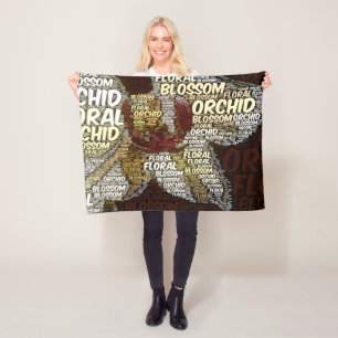 Orchid Floral Blossom Word Cloud Over Burgundy Fleece Blanket
