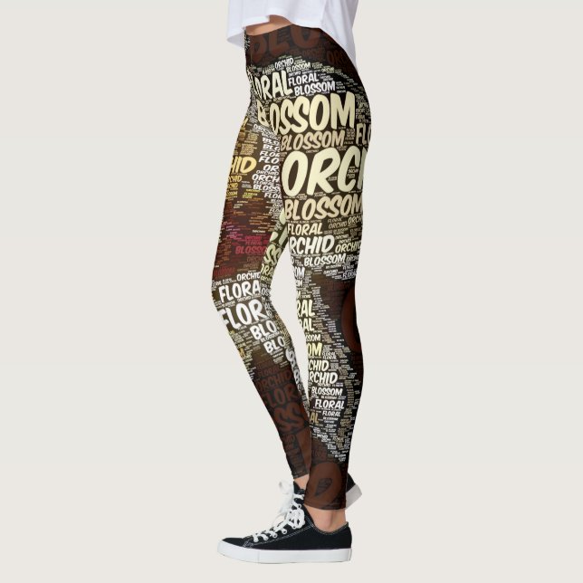 Orchid Floral Blossom Word Cloud Over Burgundy Leggings (Left)