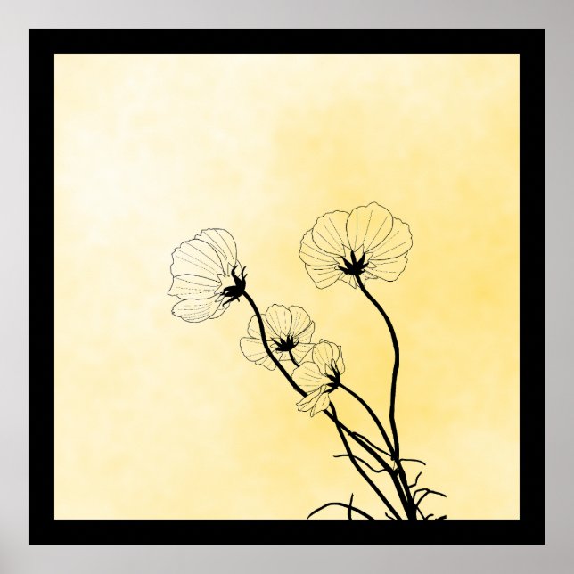 orchid floral line art on yellow poster (Front)