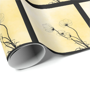 orchid floral line art on yellow wrapping paper