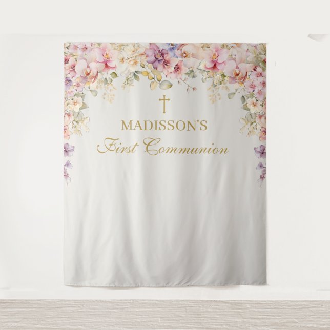 Orchid Floral marfil First Communion Backdrop Tapestry (Front)
