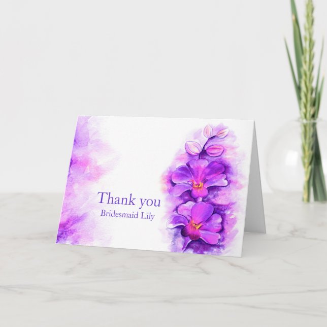 Orchid floral purple wedding thank you card (Front)