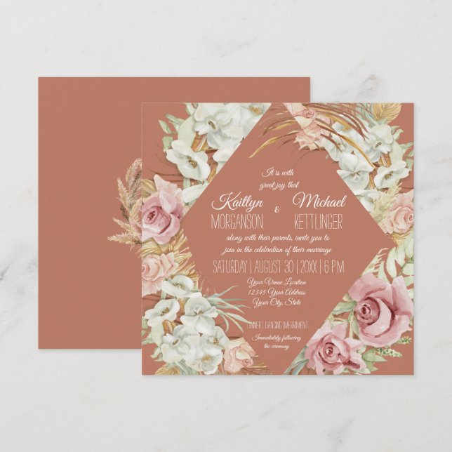 Orchid Floral Terracotta Pampas Palm Leaf Foliage Invitation (Front/Back)