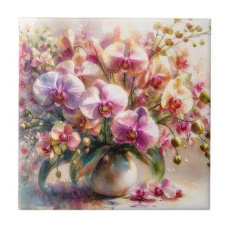Orchid Floral Watercolor Elegant Botanical Art Tile