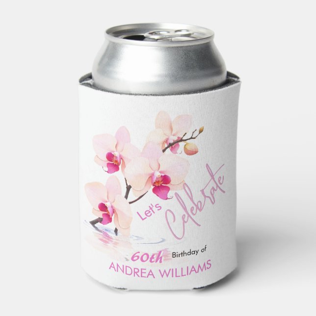 Orchid Flower Blossoms 60th Birthday Can Cooler (Can Front)