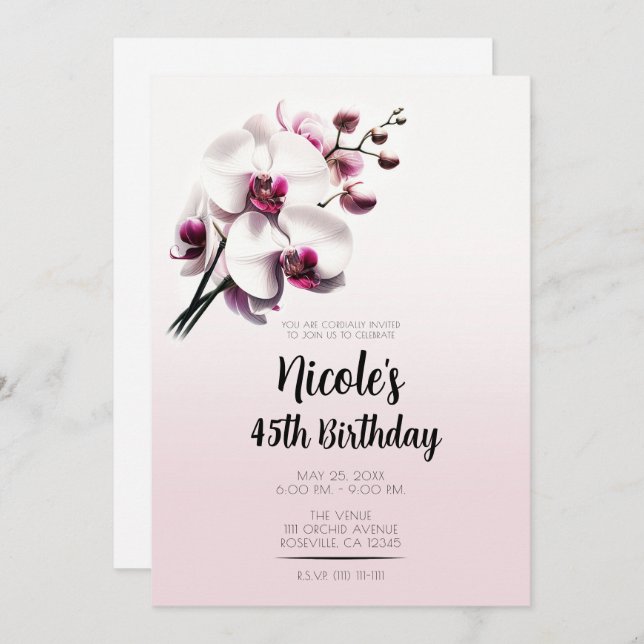 Orchid Flower Pink & White Birthday Party Invitation (Front/Back)